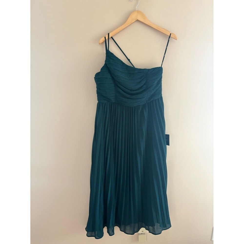 Lulus Wondrous Muse Emerald Pleated One-Shoulder Midi Dress Size XL NWT Wedding - Picture 2 of 8